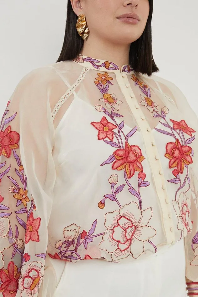 Tops Women Karen Millen Plus Size Floral Placed Embroidery Organdie Woven Blouse Blush