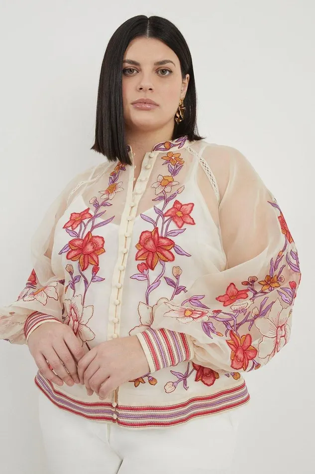 Tops Women Karen Millen Plus Size Floral Placed Embroidery Organdie Woven Blouse Blush