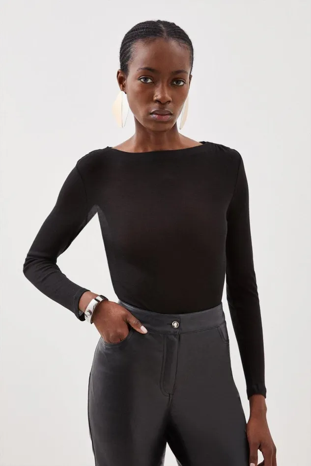 Tops Women Karen Millen Premium Jersey Wool Blend Long Sleeve Top Black
