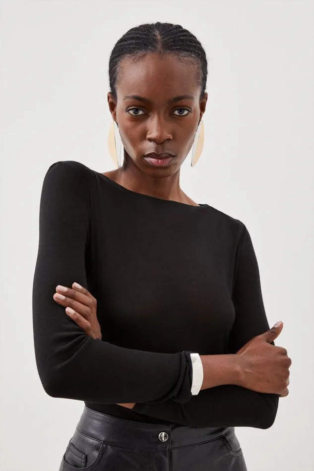 Tops Women Karen Millen Premium Jersey Wool Blend Long Sleeve Top Black
