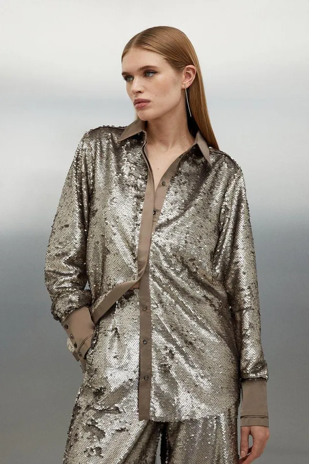 Tops Women Karen Millen Sequin Woven Shirt Silver
