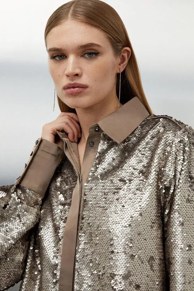 Tops Women Karen Millen Sequin Woven Shirt Silver