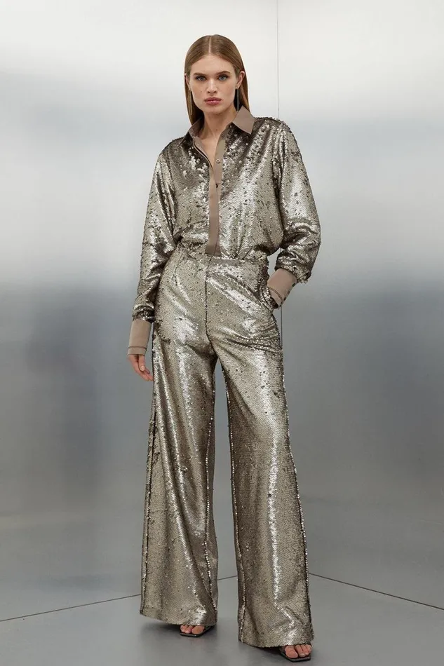Tops Women Karen Millen Sequin Woven Shirt Silver