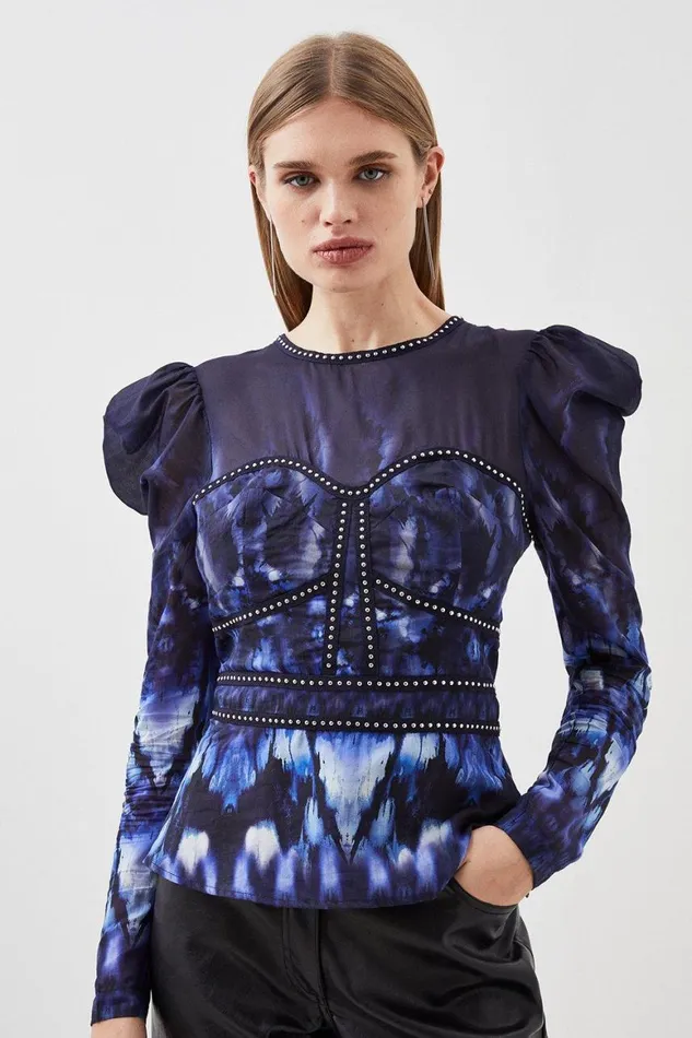 Tops Women Karen Millen Silk Cotton Border Print Woven Blouse Blue