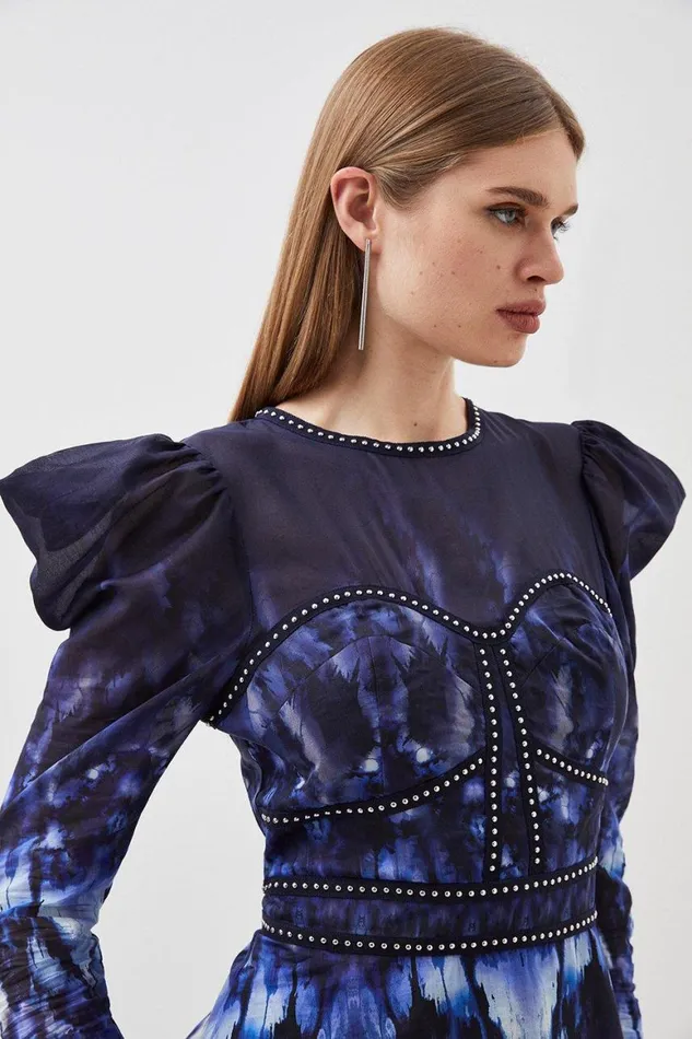 Tops Women Karen Millen Silk Cotton Border Print Woven Blouse Blue