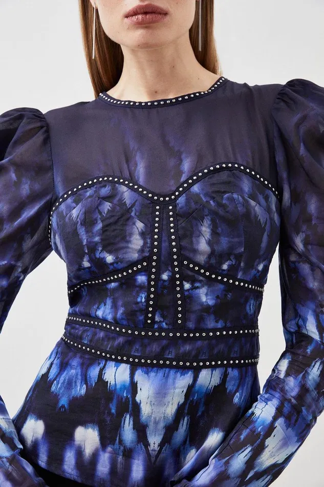 Tops Women Karen Millen Silk Cotton Border Print Woven Blouse Blue