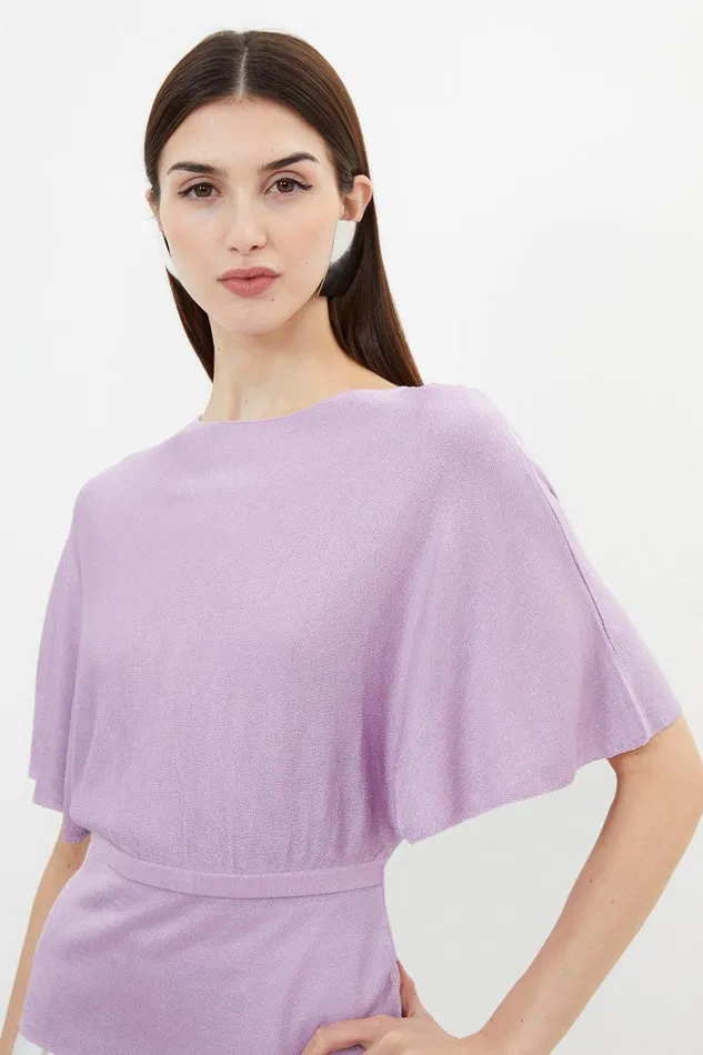 Tops Women Karen Millen Slinky Viscose Blend Knit Angel Sleeve Tie Detail Top Lilac Tops Women Karen Millen Slinky Viscose Blend Knit Angel Sleeve Tie Detail Top Lilac