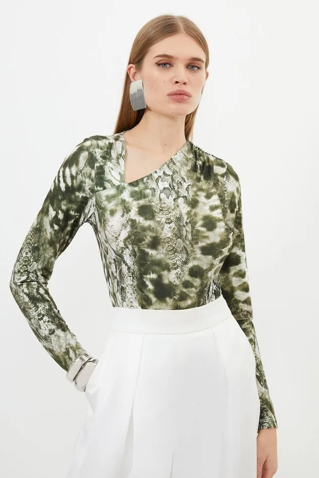 Tops Women Karen Millen Snake Print Jersey Asymmetric Bodysuit Snake