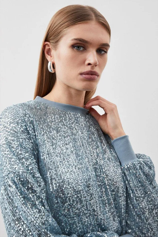 Tops Women Karen Millen Stretch Jersey Sequin Sweatshirt Blue