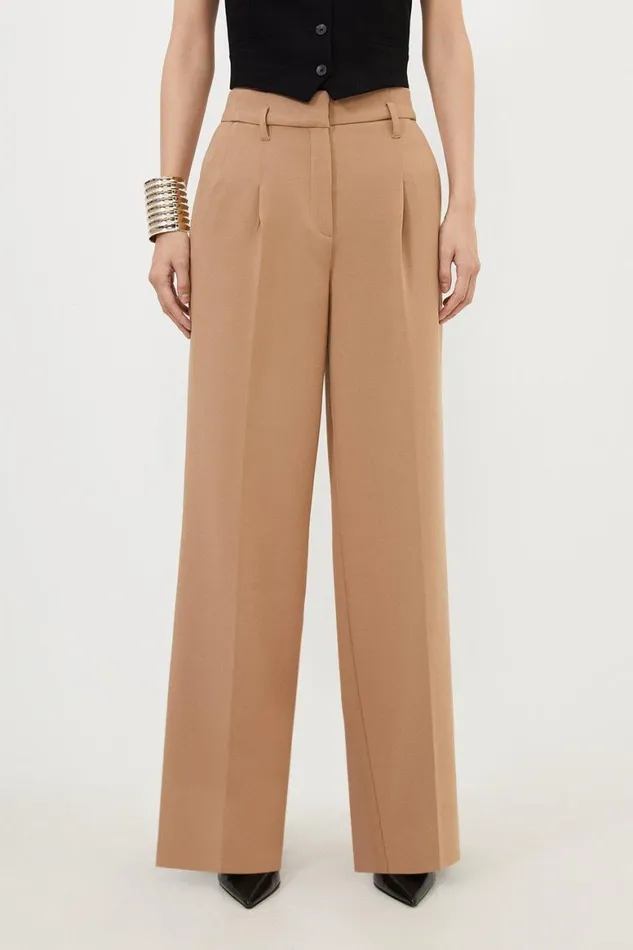 Tops Women Karen Millen Tailored Compact Stretch Corset Waist Wide Leg Trousers Camel