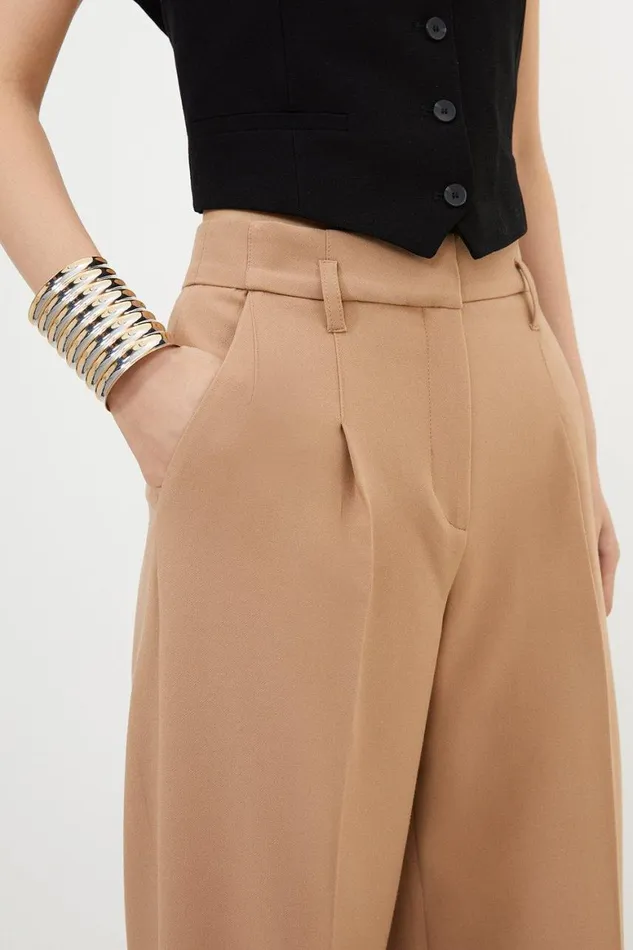 Tops Women Karen Millen Tailored Compact Stretch Corset Waist Wide Leg Trousers Camel