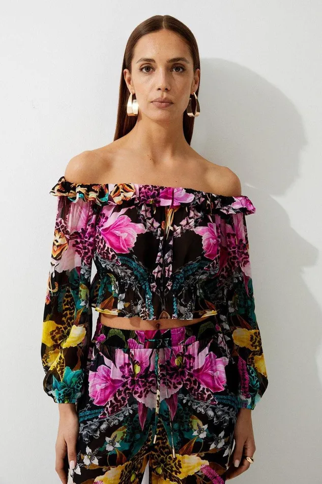 Tops Women Karen Millen Tropical Floral Viscose Georgette Beach Top Multi