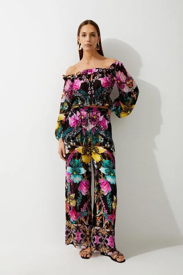 Tops Women Karen Millen Tropical Floral Viscose Georgette Beach Top Multi