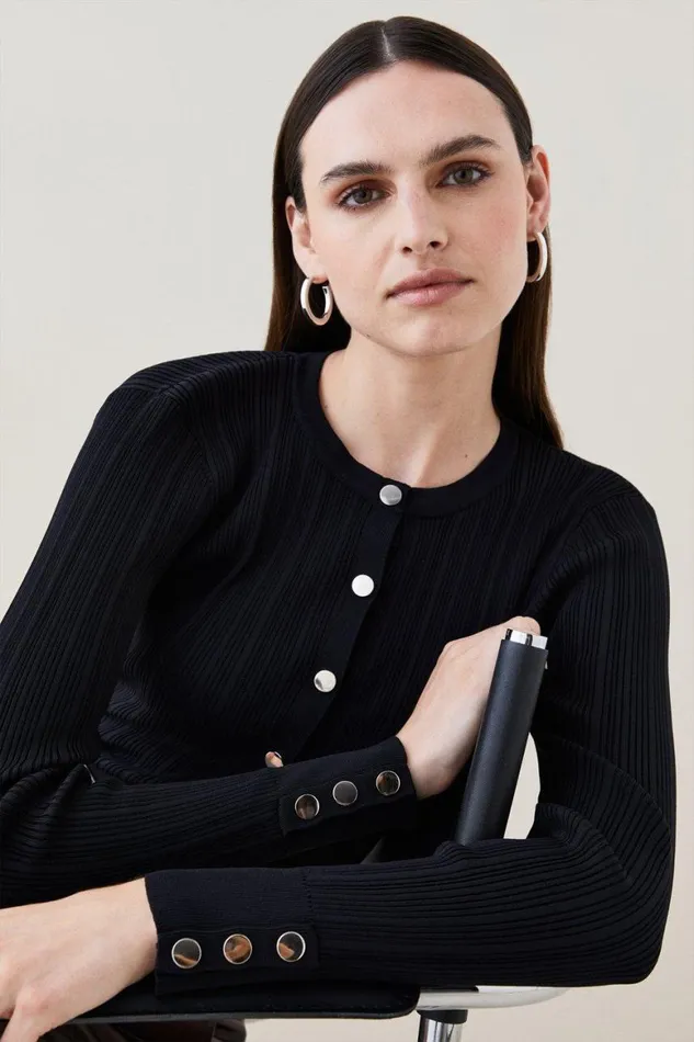 Tops Women Karen Millen Viscose Blend Knitted Rib Cardigan Black