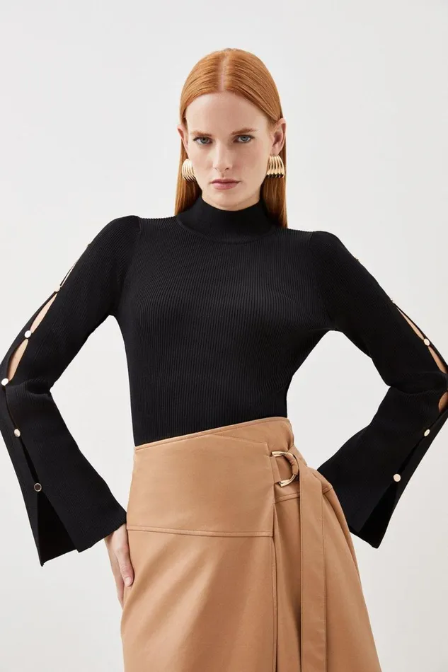 Tops Women Karen Millen Viscose Blend Rib Knit Button Detail Top Black