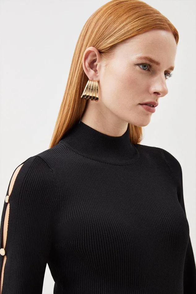 Tops Women Karen Millen Viscose Blend Rib Knit Button Detail Top Black
