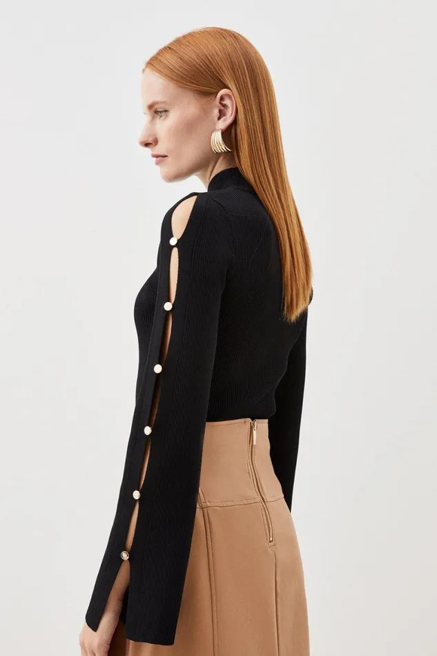 Tops Women Karen Millen Viscose Blend Rib Knit Button Detail Top Black
