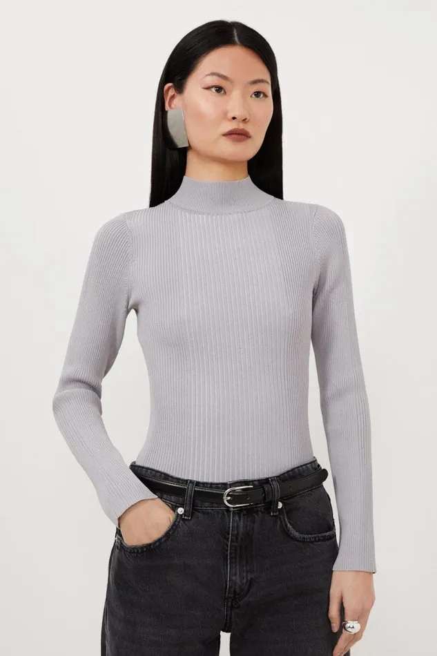 Tops Women Karen Millen Viscose Blend Rib Knit Top Mushroom
