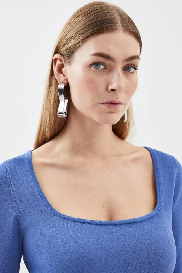 Tops Women Karen Millen Viscose Blend Square Neck Figure Form Knitted Top Blue