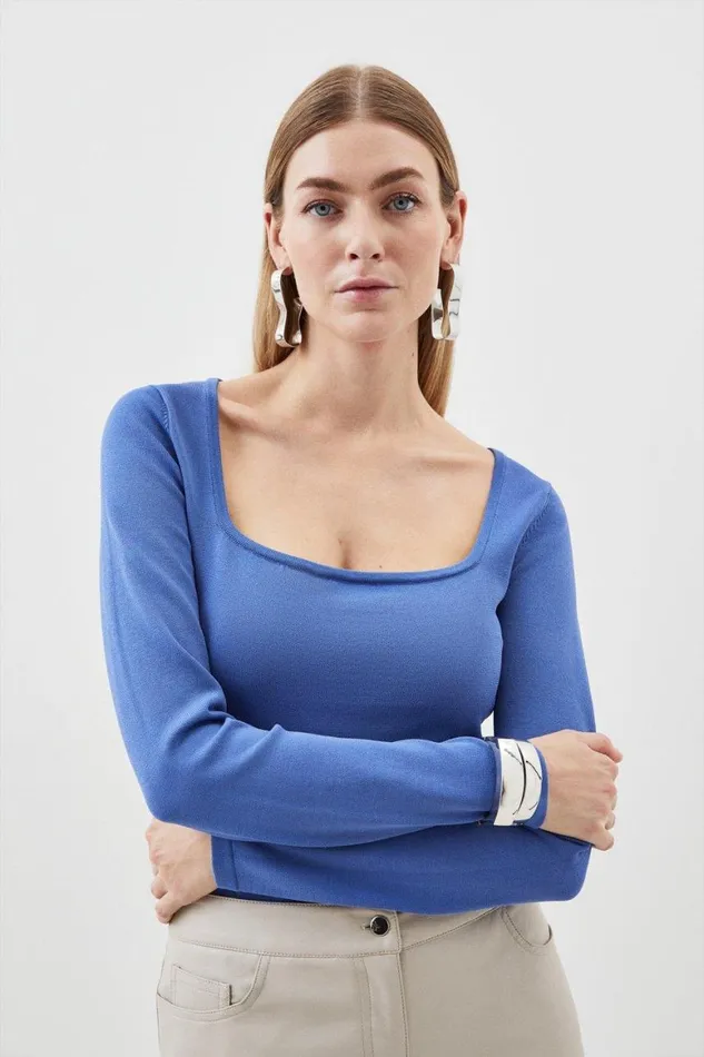 Tops Women Karen Millen Viscose Blend Square Neck Figure Form Knitted Top Blue