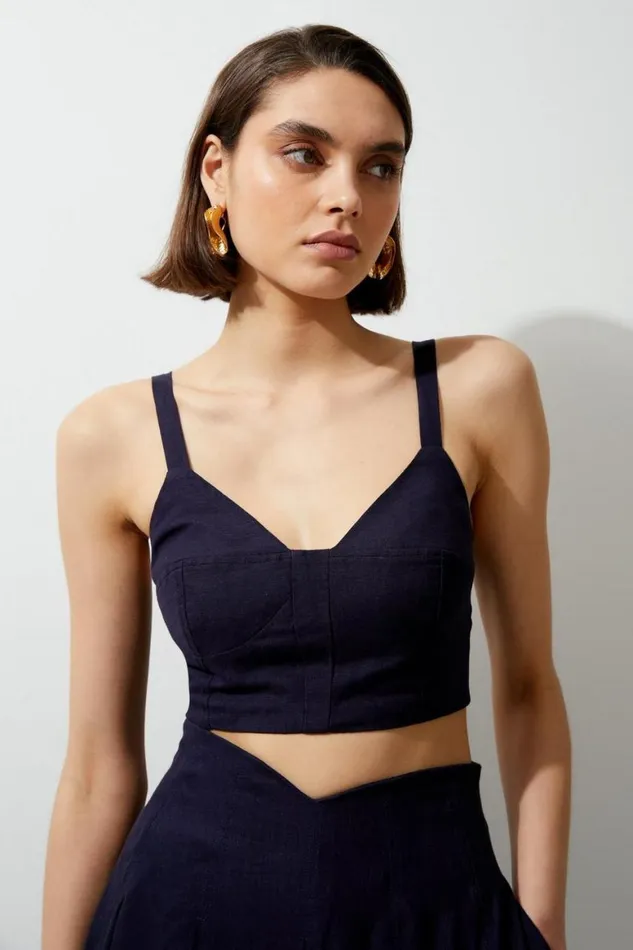 Tops Women Karen Millen Viscose Linen Woven Corset Top Navy