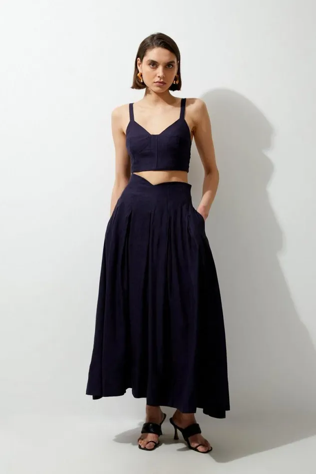 Tops Women Karen Millen Viscose Linen Woven Corset Top Navy