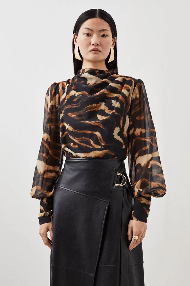 Tops Women Karen Millen Wild Tiger Print Pleated Georgette Woven Blouse Animal
