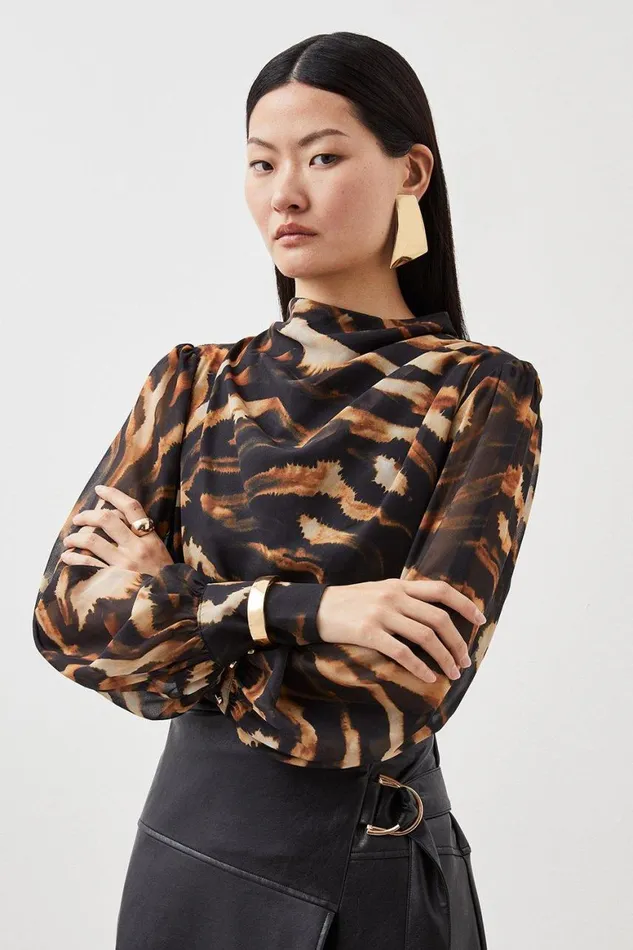Tops Women Karen Millen Wild Tiger Print Pleated Georgette Woven Blouse Animal