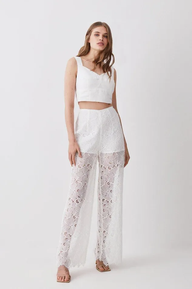 Trousers Women Karen Millen Lace Woven Wide Leg Trouser Ivory