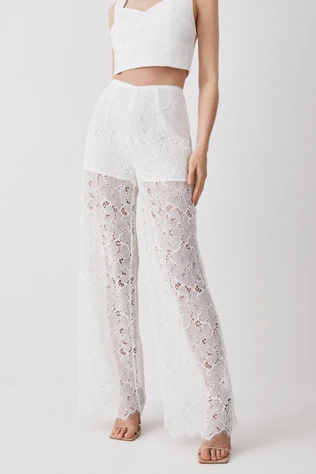 Trousers Women Karen Millen Lace Woven Wide Leg Trouser Ivory