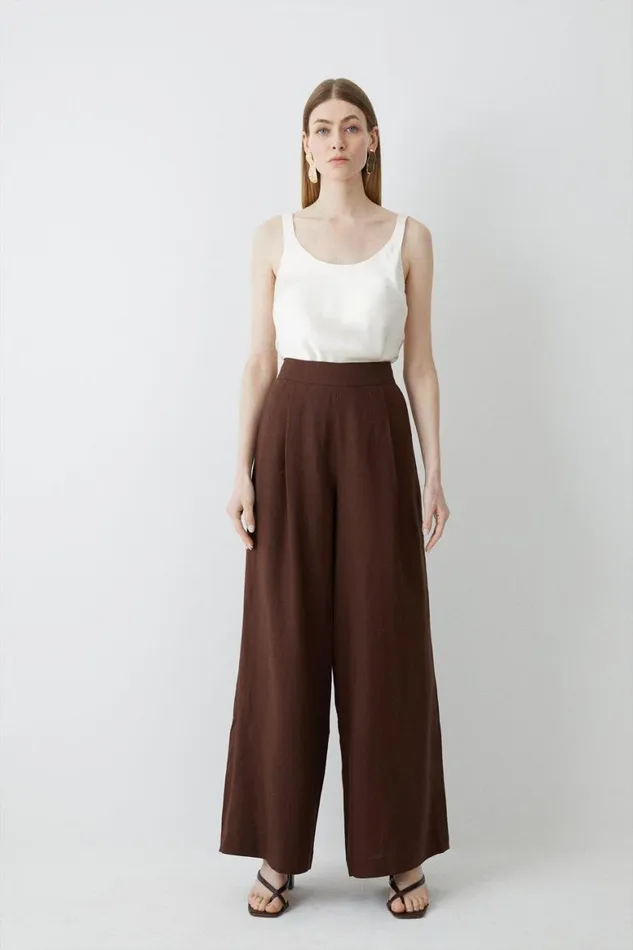 Trousers Women Karen Millen Linen Tailored Wide Leg Trouser Chocolate