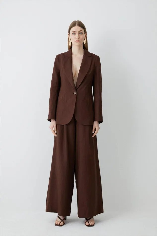 Trousers Women Karen Millen Linen Tailored Wide Leg Trouser Chocolate