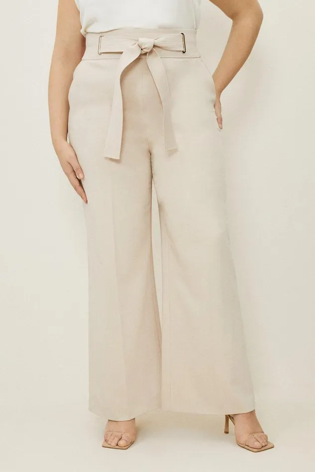 Trousers Women Karen Millen Plus Size Tailored Viscose Linen Eyelet Detail Belted Straight Leg Trouser Camel
