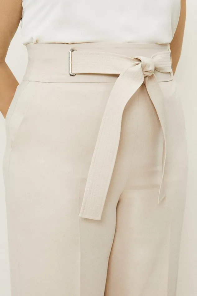 Trousers Women Karen Millen Plus Size Tailored Viscose Linen Eyelet Detail Belted Straight Leg Trouser Camel