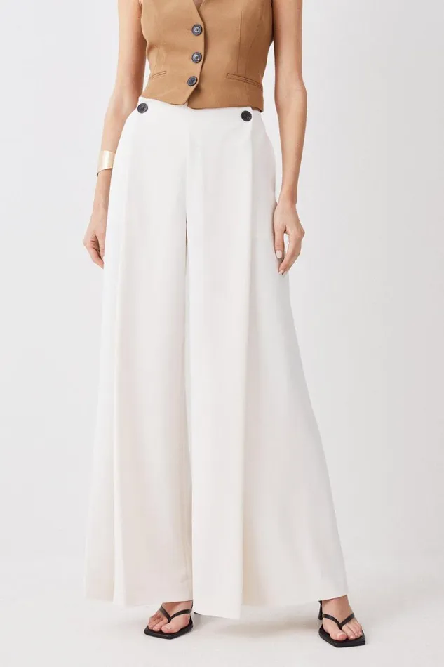 Trousers Women Karen Millen Soft Tailored Button Detail Pleated Wide Leg Trousers Ivory