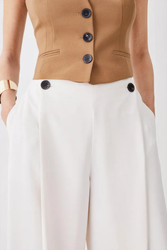 Trousers Women Karen Millen Soft Tailored Button Detail Pleated Wide Leg Trousers Ivory