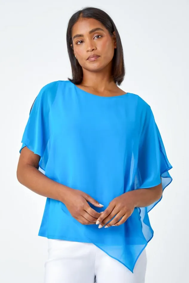 Turquoise Asymmetric Cold Shoulder Stretch Chiffon Top Women Roman Tops