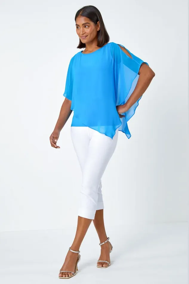 Turquoise Asymmetric Cold Shoulder Stretch Chiffon Top Women Roman Tops