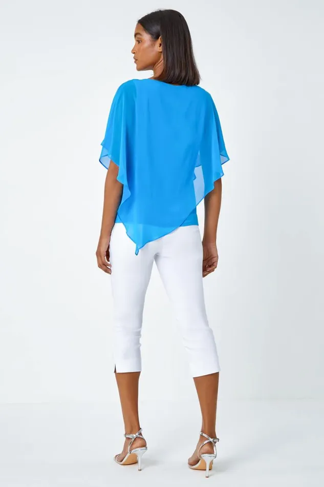 Turquoise Asymmetric Cold Shoulder Stretch Chiffon Top Women Roman Tops