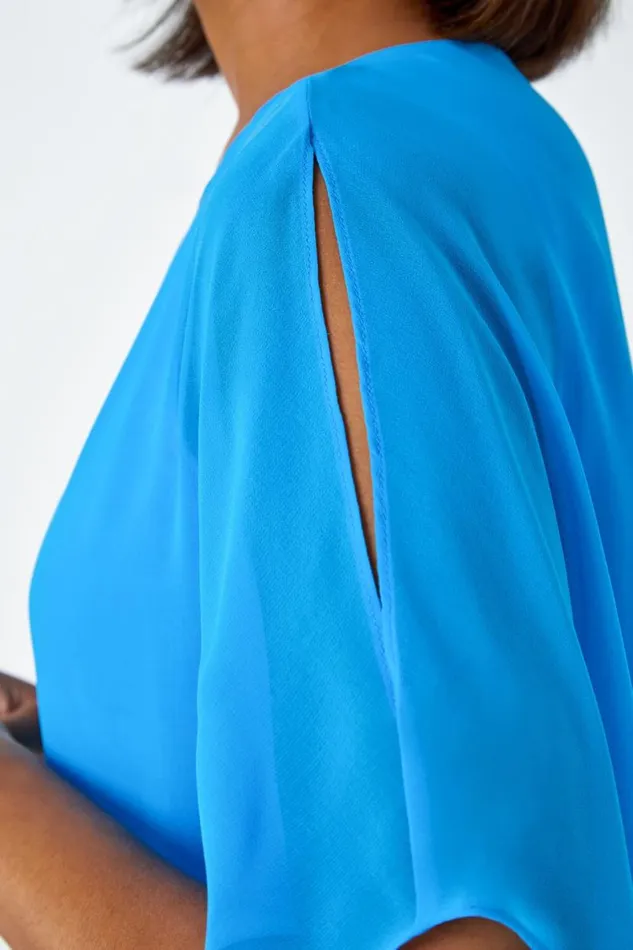 Turquoise Asymmetric Cold Shoulder Stretch Chiffon Top Women Roman Tops