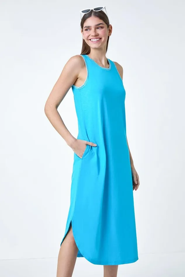 Turquoise Contrast Stitch Stretch Jersey Midi Dress Women Roman Dresses