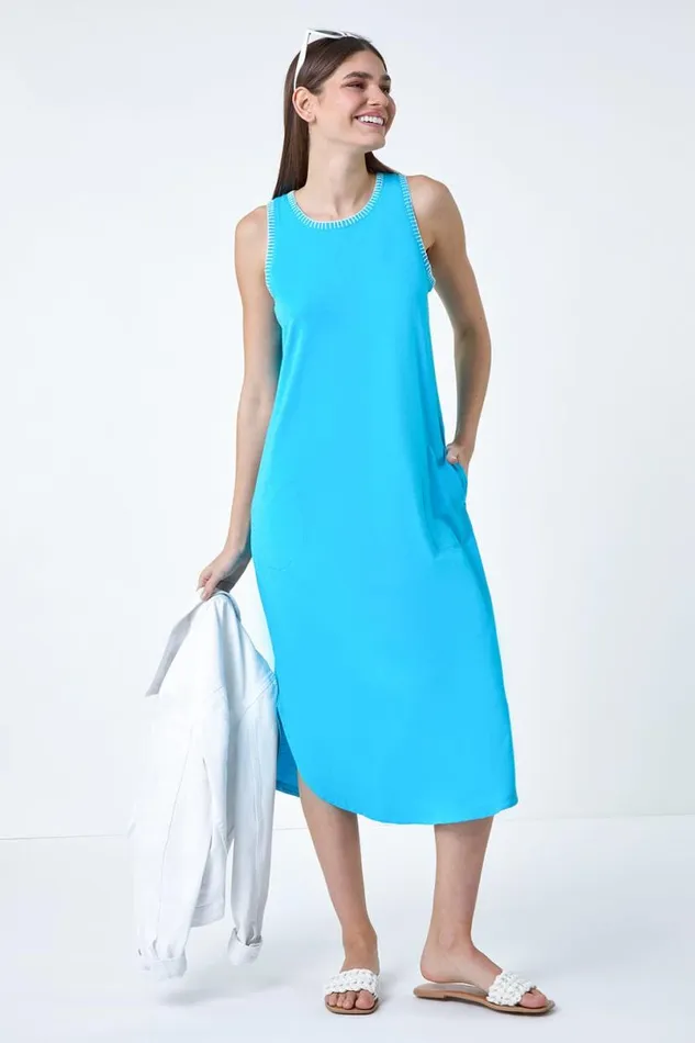 Turquoise Contrast Stitch Stretch Jersey Midi Dress Women Roman Dresses