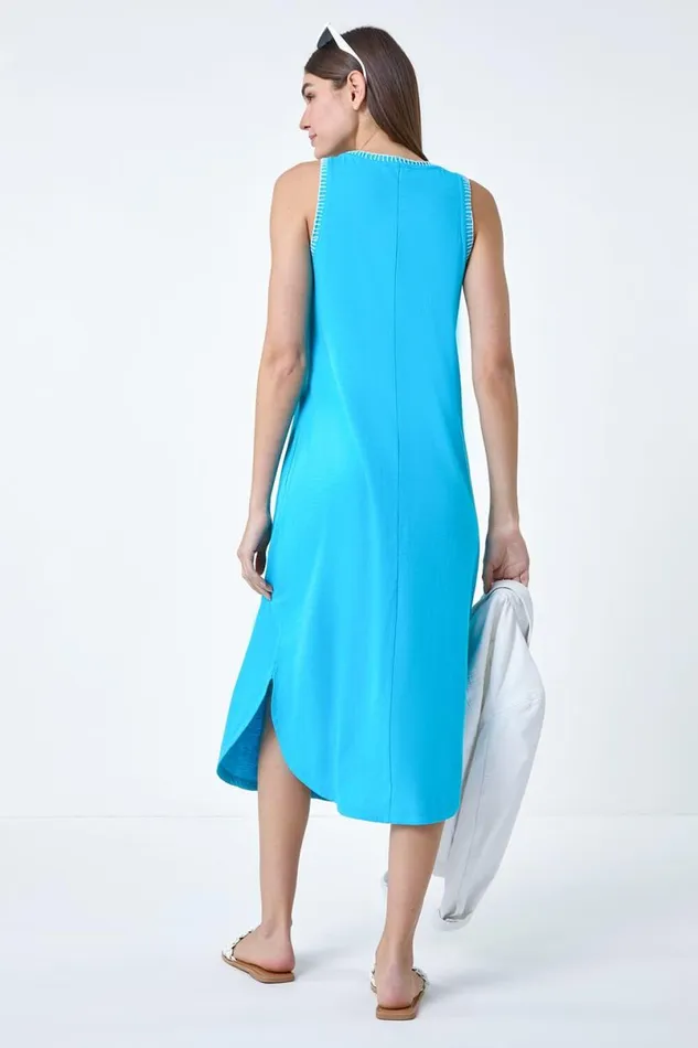 Turquoise Contrast Stitch Stretch Jersey Midi Dress Women Roman Dresses