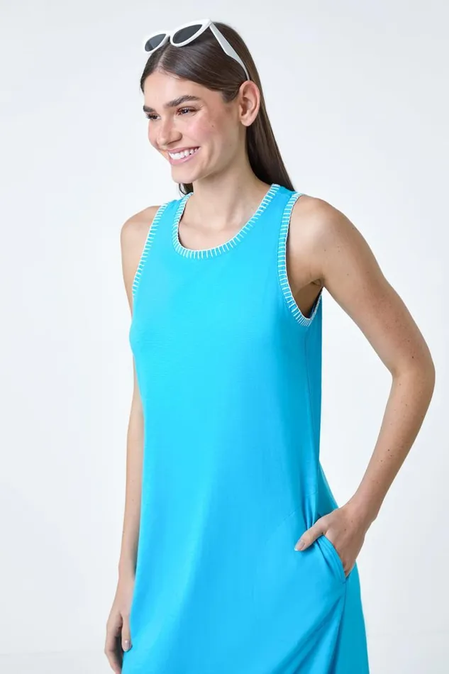 Turquoise Contrast Stitch Stretch Jersey Midi Dress Women Roman Dresses