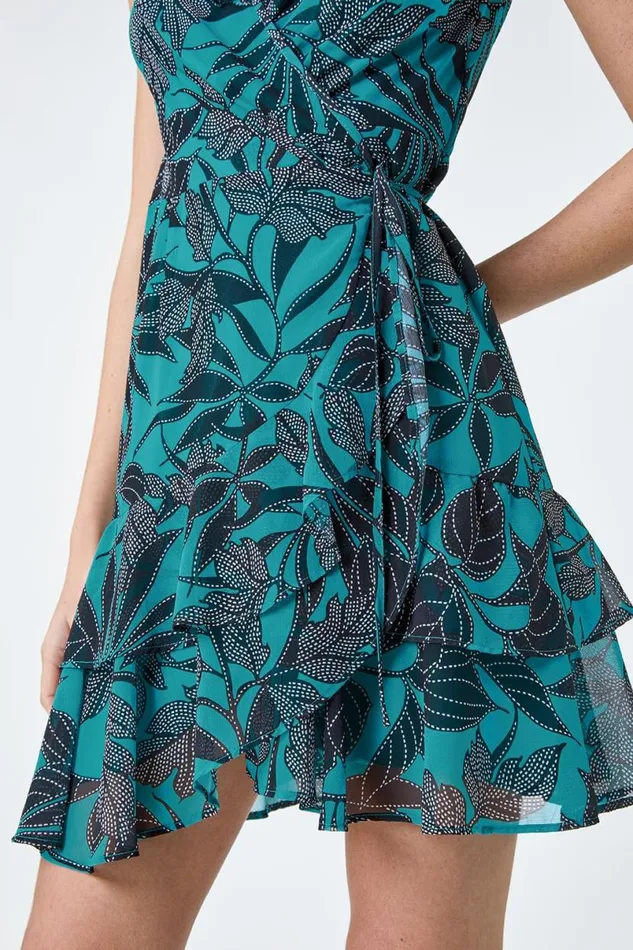 Turquoise Leaf Print Frill Wrap Dress Women Roman Dresses