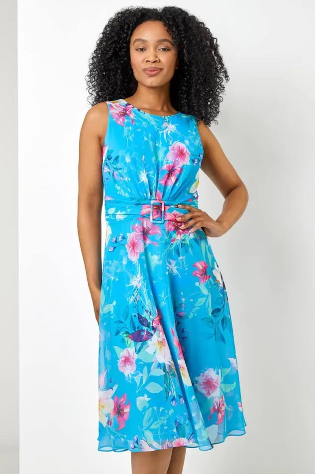 Turquoise Petite Floral Buckle Detail Chiffon Dress Women Roman Dresses