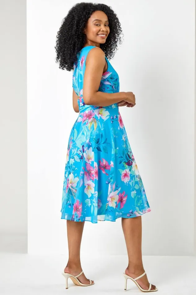 Turquoise Petite Floral Buckle Detail Chiffon Dress Women Roman Dresses