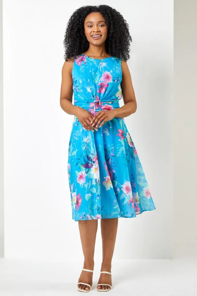 Turquoise Petite Floral Buckle Detail Chiffon Dress Women Roman Dresses