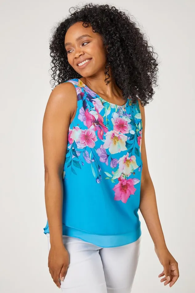 Turquoise Petite Floral Print Chiffon Overlay Top Women Roman Tops