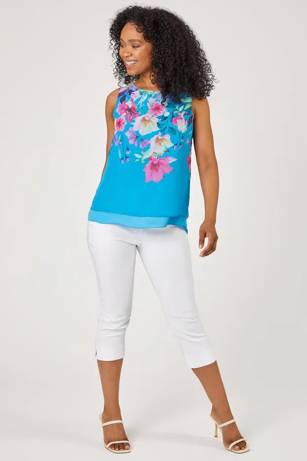 Turquoise Petite Floral Print Chiffon Overlay Top Women Roman Tops
